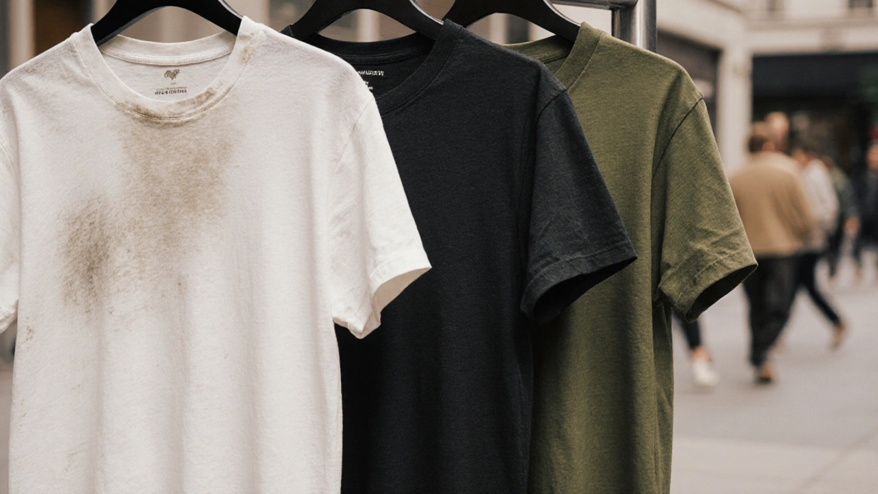 Three t-shirts hanging side by side: white, charcoal, and olive green, against a blurred city backdrop.