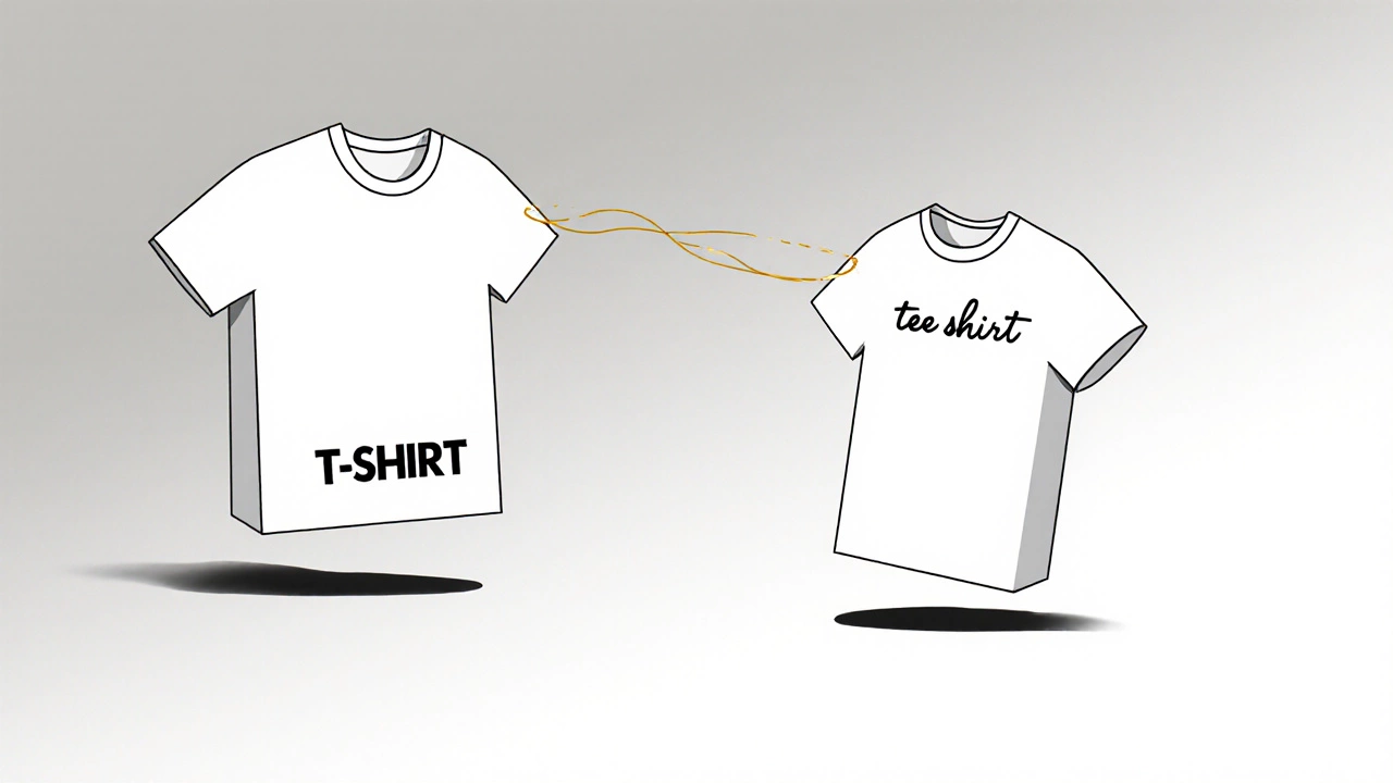Two identical T-shaped shirts floating, representing different spellings of the same garment.