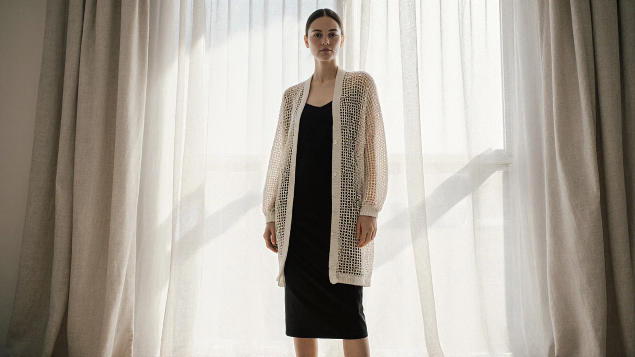Woman in a linen cardigan over a black dress, vertical lines elongating her silhouette.