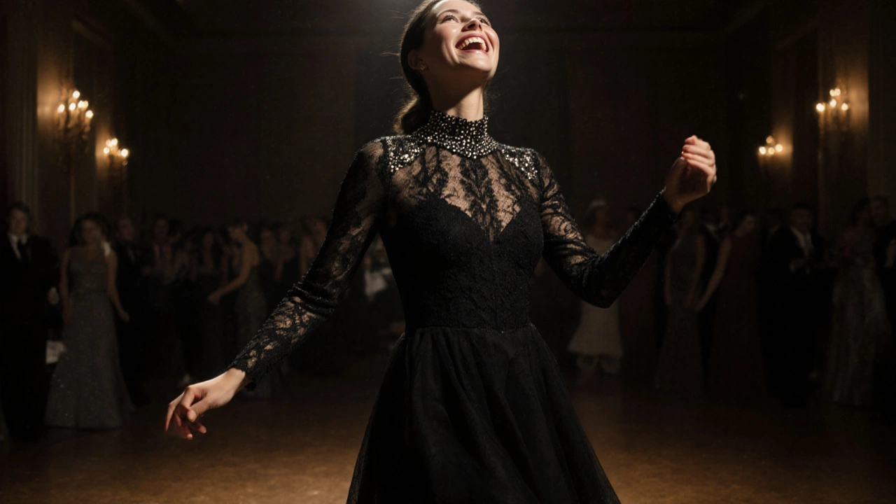Woman in black lace high-neck gown with long sleeves, dancing gracefully.