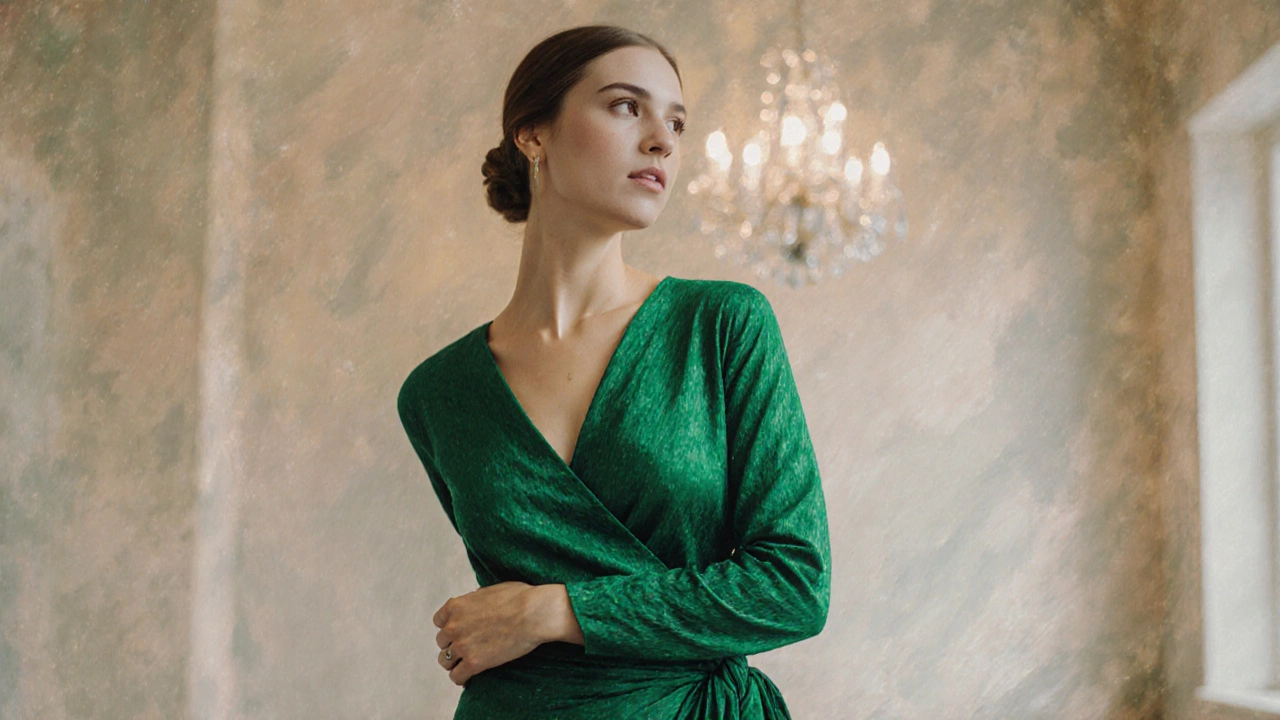 Woman in emerald wrap dress with V-neck and side ruching, smiling confidently.
