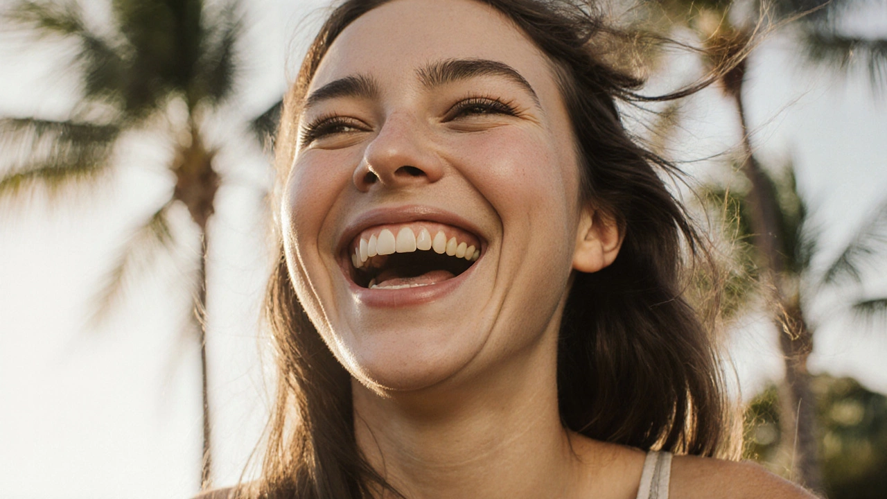 Woman smiling outdoors with natural makeup, glowing skin, and no heavy cosmetics in summer heat.