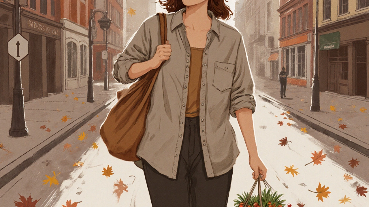 Woman walking down a street with groceries, wearing a loose men&#039;s shirt layered over a tank top.