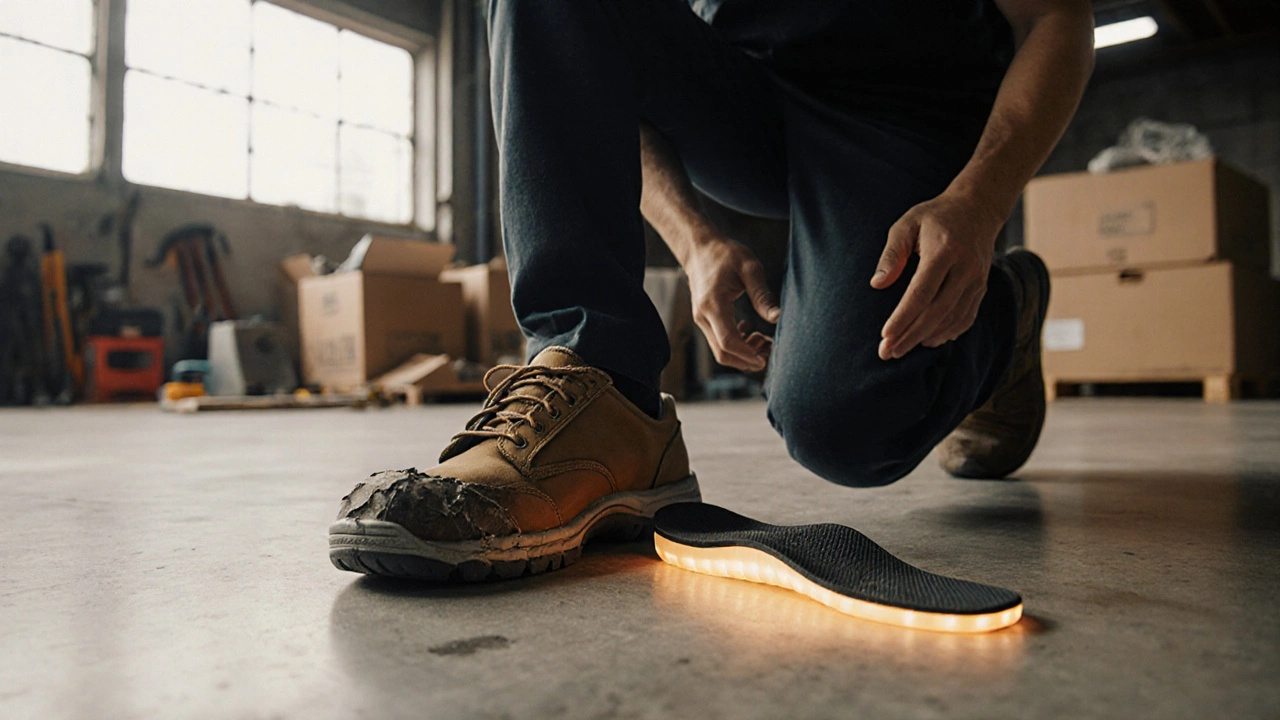 Worn-out work shoe next to a new pair, symbolizing when to replace footwear for foot health.