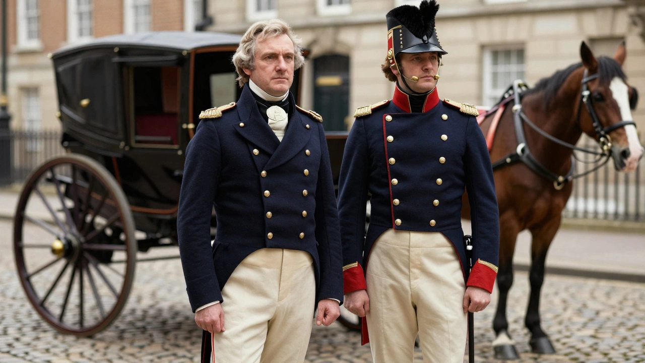 19th-century gentleman and soldier side by side, showcasing the evolution of the jacket