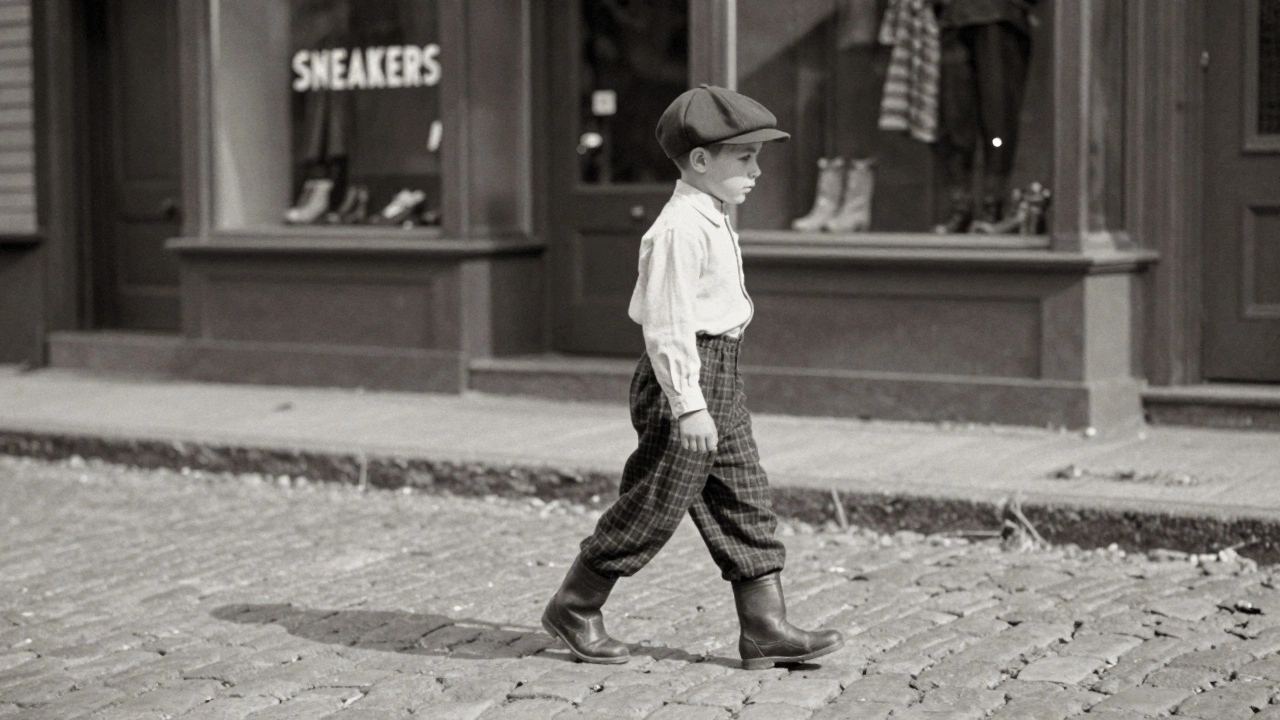 A boy in 1920s attire tiptoeing quietly in early rubber-soled shoes on a cobblestone street.