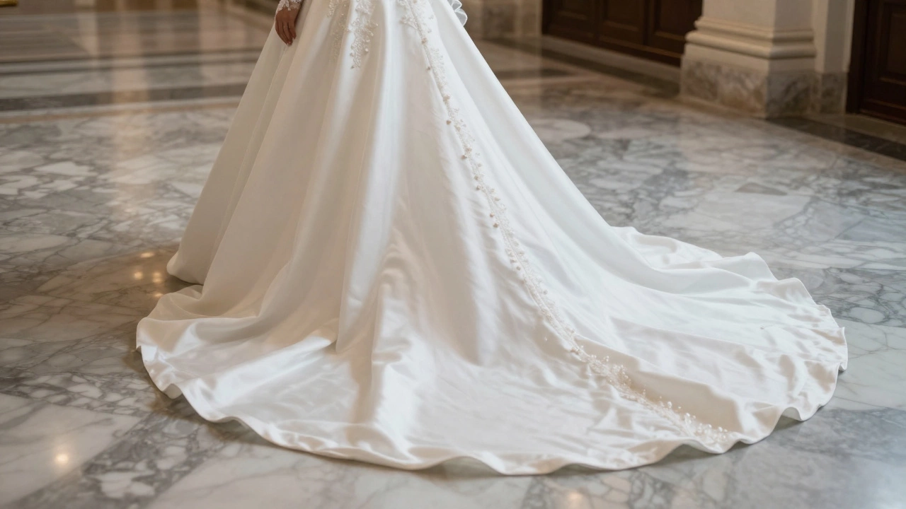 A bride in a white cathedral-train gown walking with shoes completely concealed by the flowing train.