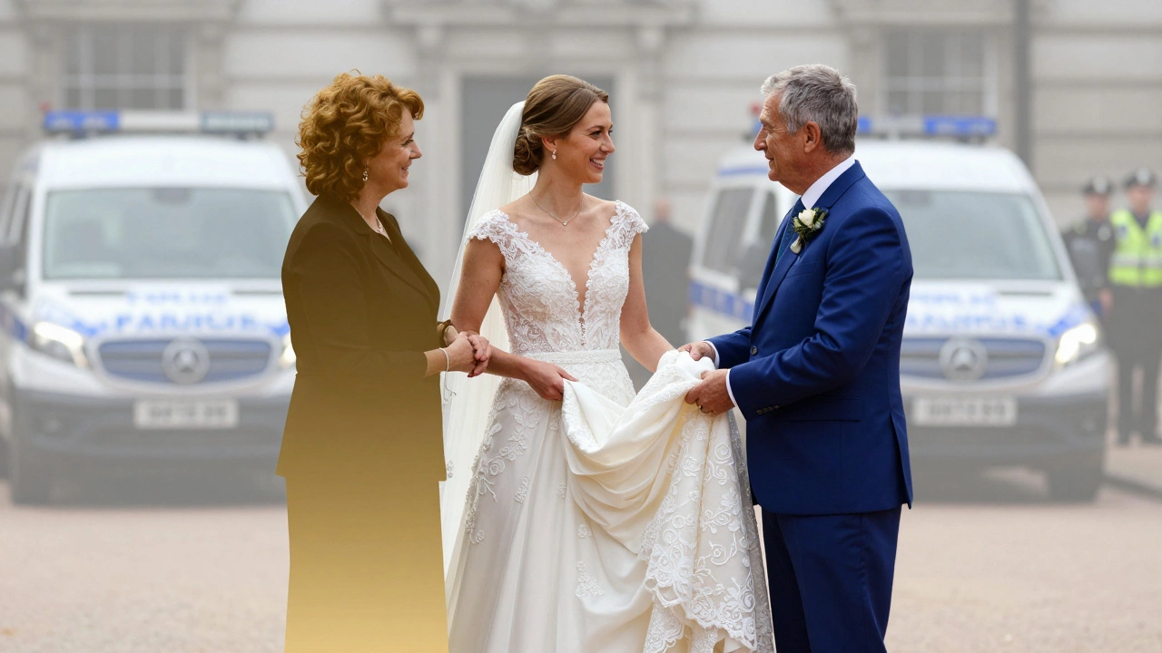 A bride receiving her wedding dress from her parents, with subtle background imagery of public security costs.