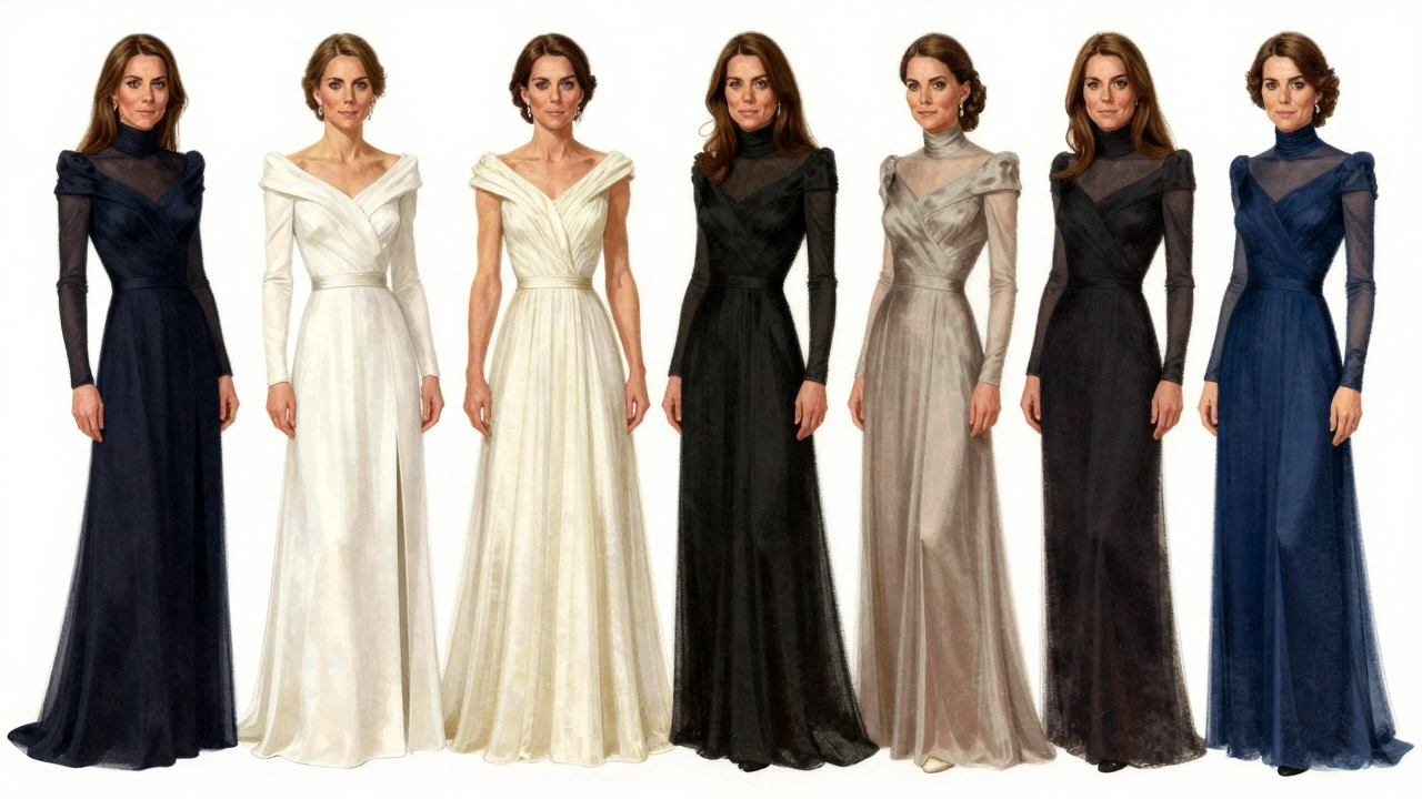 A gallery of timeless royal gowns worn by Kate Middleton, all modest and refined in design.