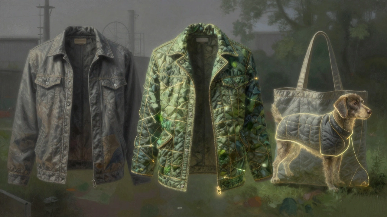 A jacket transforming into a quilt, tote, and dog coat through glowing thread overlays.