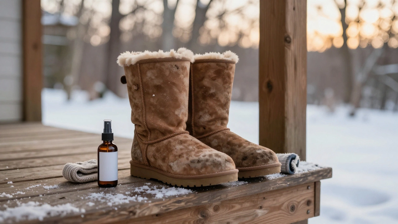 A pair of well-used UGG boots on a snowy porch step with protector spray nearby.