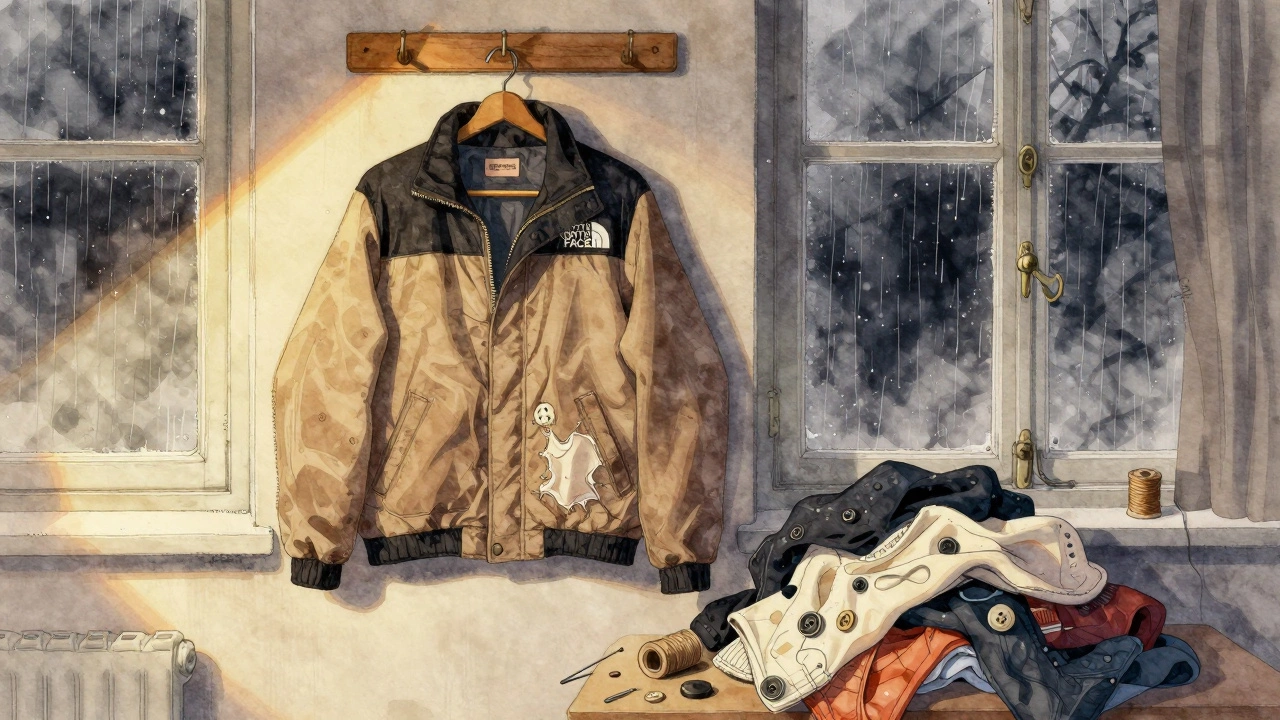 A thrifted 1990s jacket on a hook beside sewing tools in a rainy Wellington window.