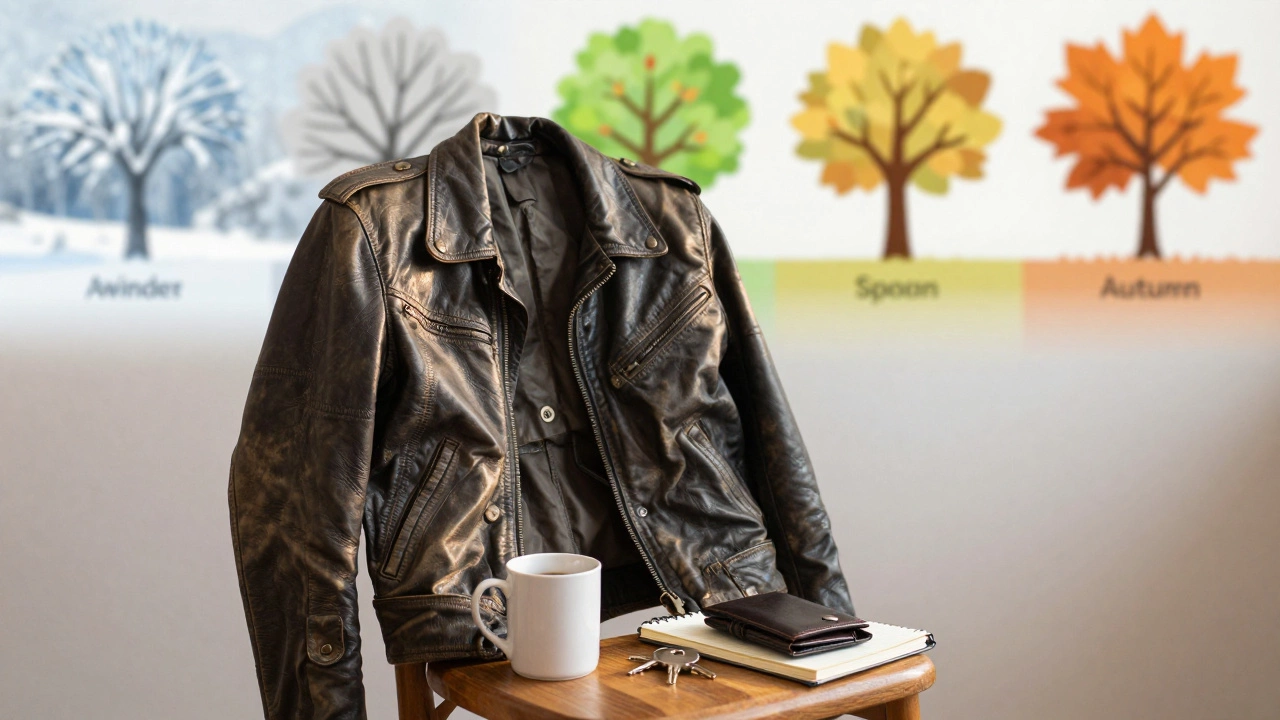 A well-worn leather jacket rests on a chair beside everyday items, symbolizing durability and daily use.