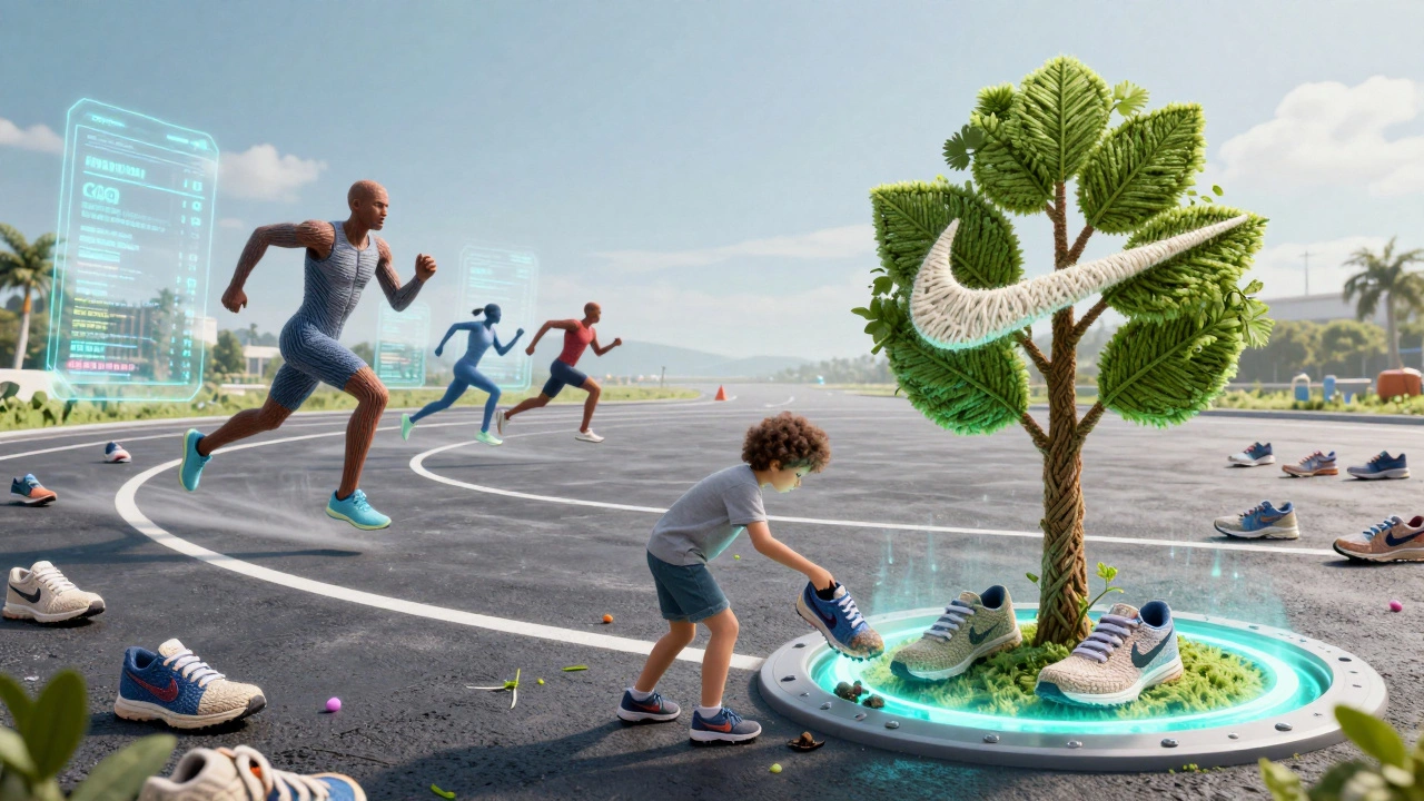 Circular runway made of recycled sneakers with athletes and a child dropping shoes into a portal that grows a tree shaped like a swoosh.
