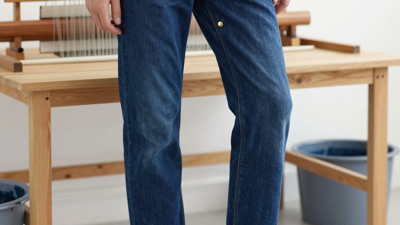 Denim Tears jean leg showing deep indigo fade and precise double-stitching on a workbench.