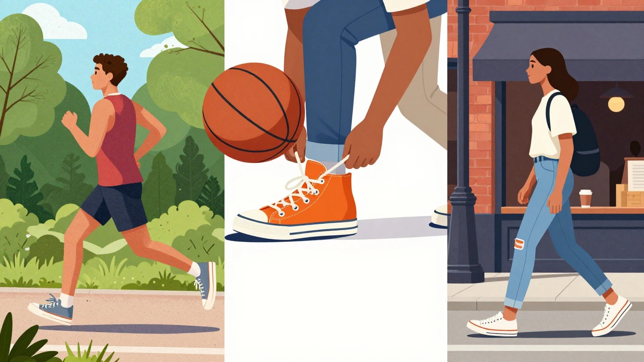 Diverse Americans wearing different styles of sneakers in urban environments across the US.