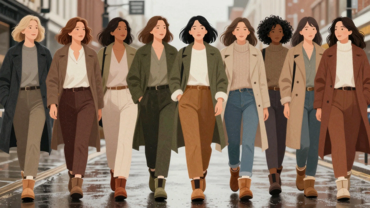 Diverse women walking together in various UGG boot styles on a rainy urban street.