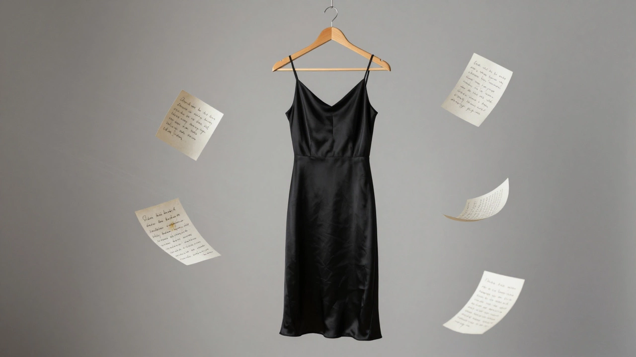 Empty silk dress hanging in light, floating notes about silence and strength.