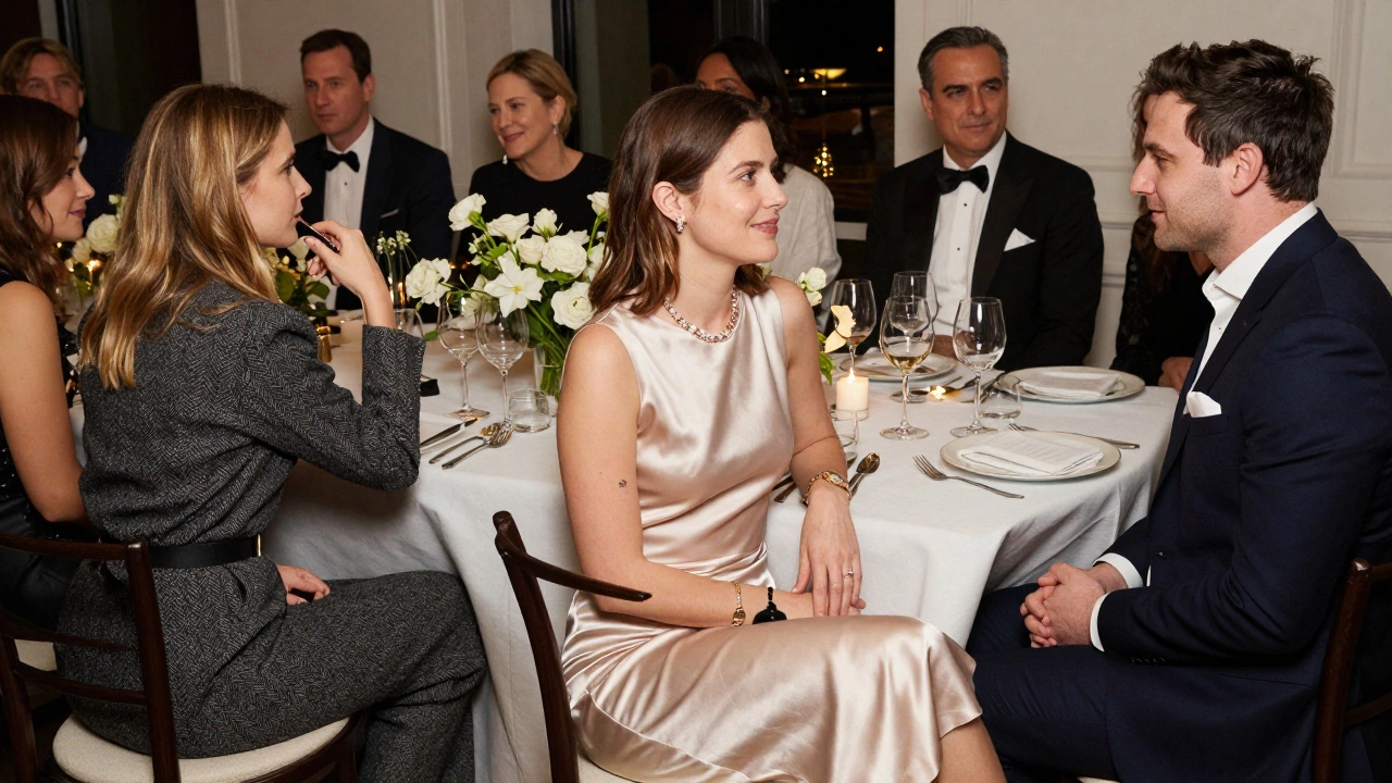 Guests in cocktail attire dining at a softly lit upscale dinner party.