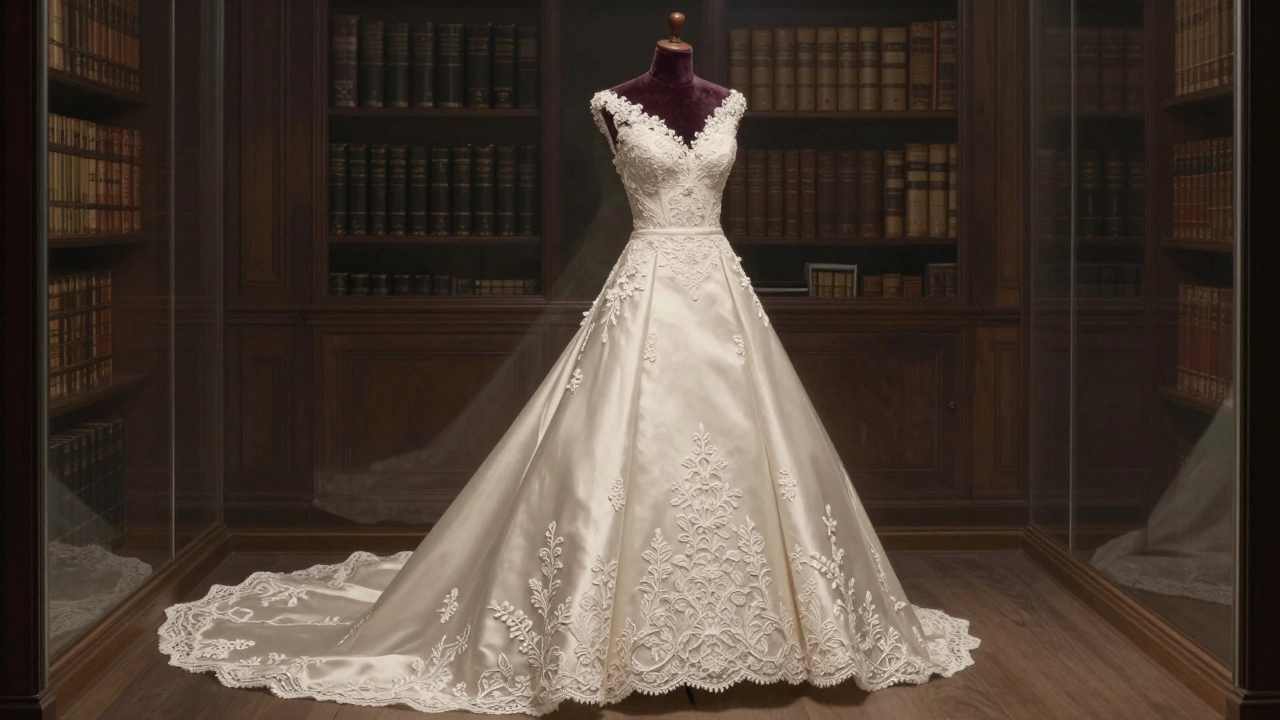 Kate Middleton's wedding dress displayed in a vault at Buckingham Palace, showing intricate lace and embroidery.