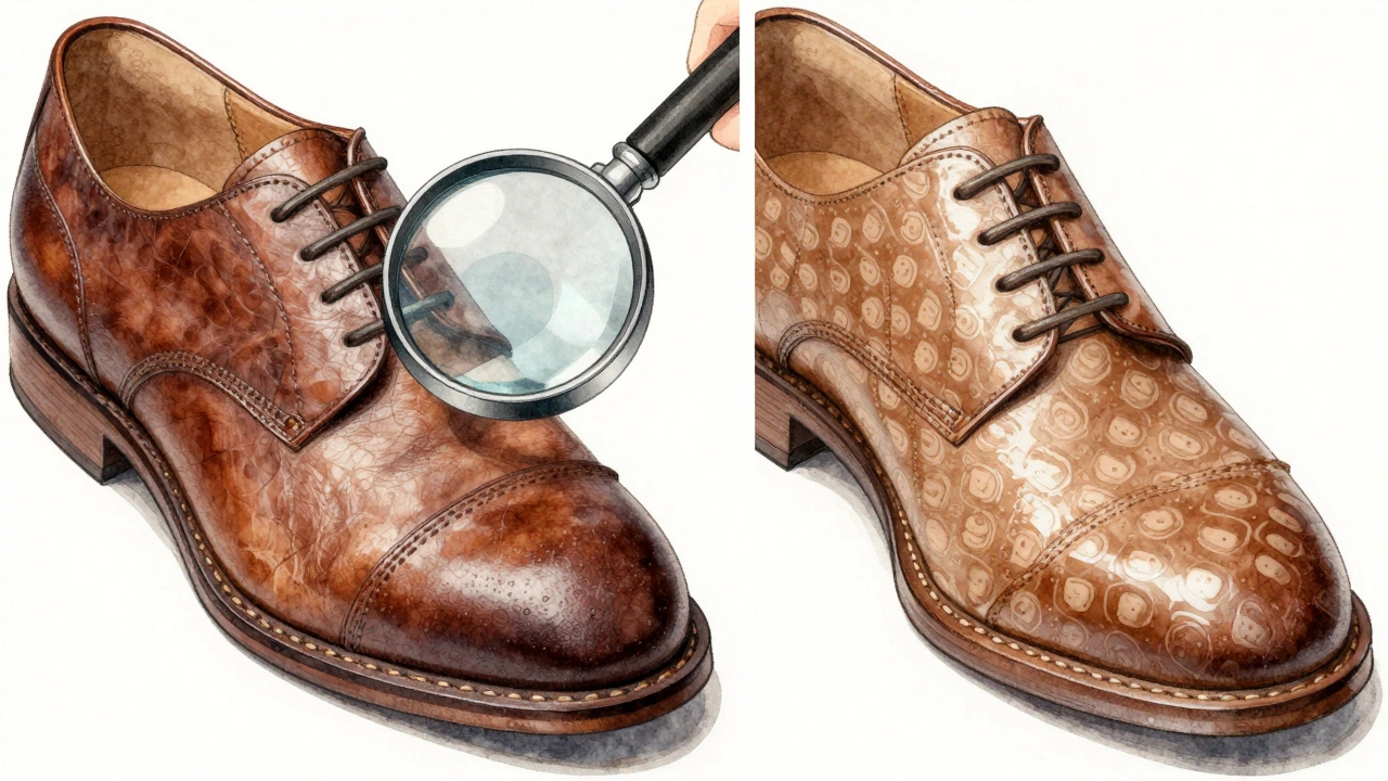 Magnified side-by-side comparison of real leather grain versus synthetic PU leather pattern.