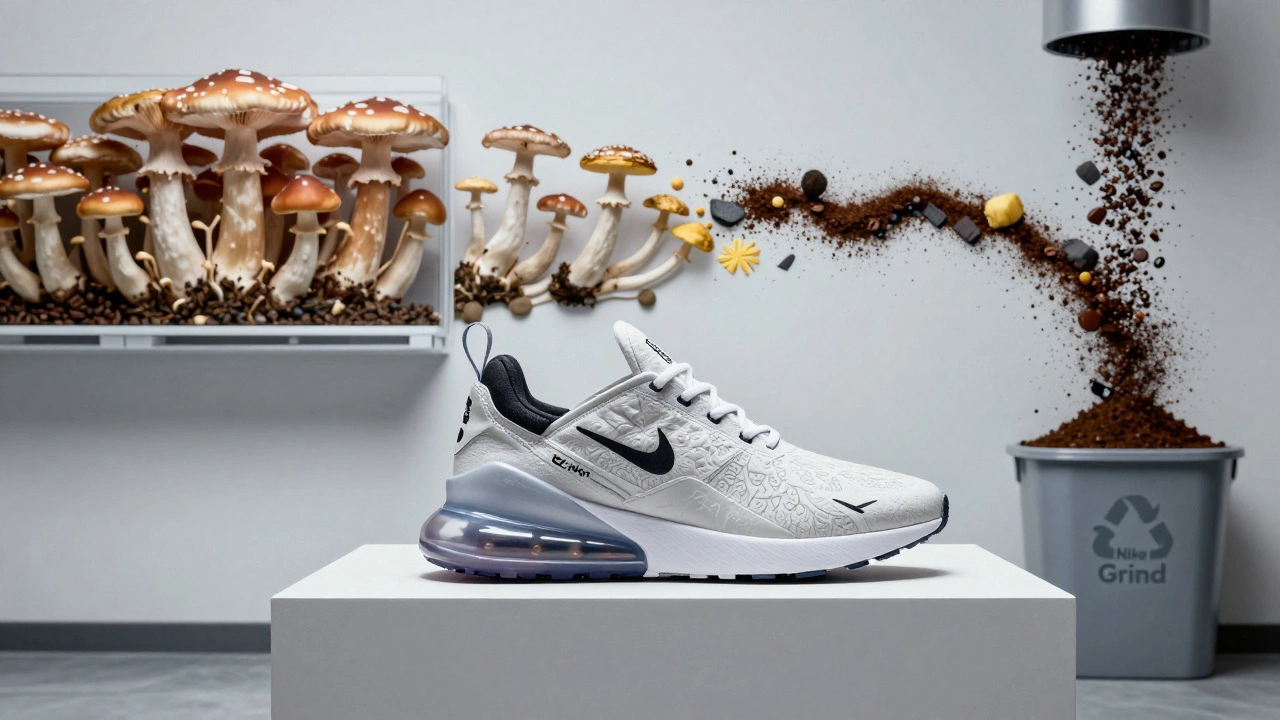 Nike Mycelium shoe with fungal texture on white pedestal, surrounded by growing mycelium and recycled material flows.