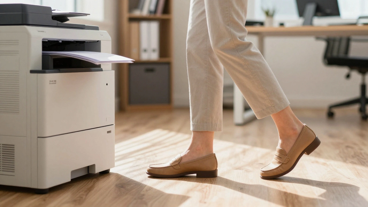 Office worker walking in Clarks loafers with flexible sole on wooden floor.