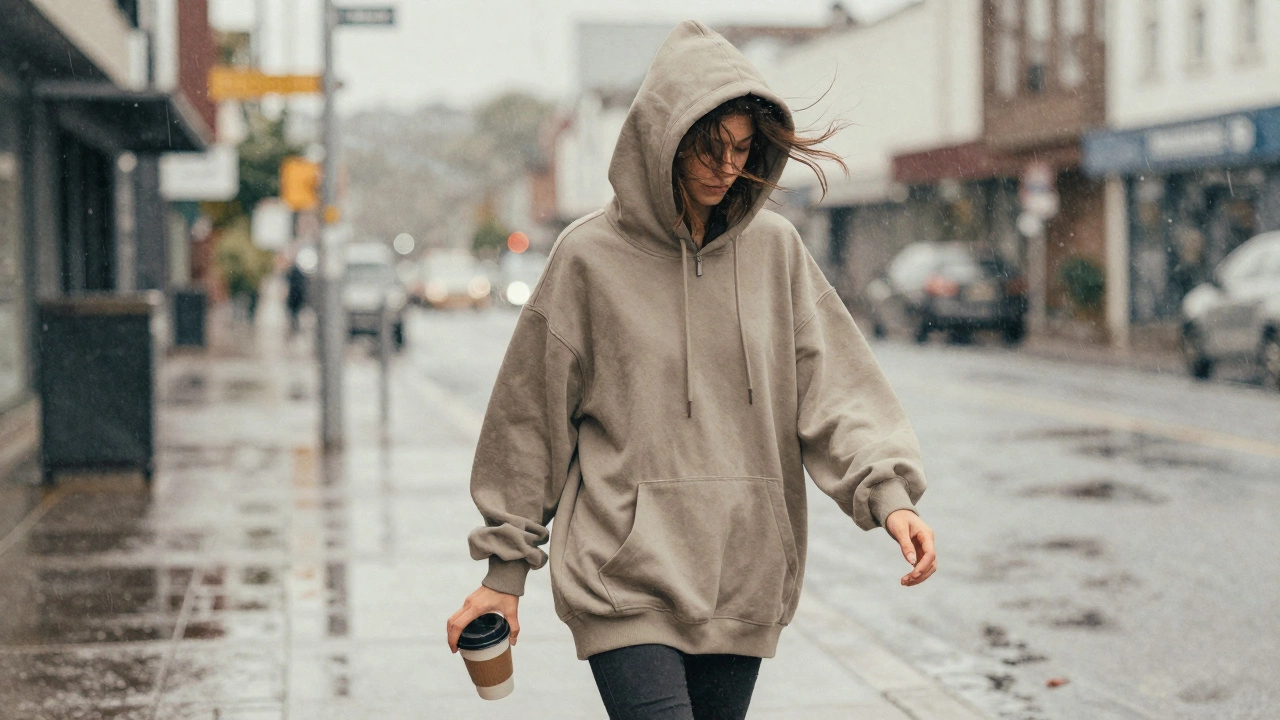 Someone walking in the rain wearing an oversized hoodie, hood slightly lifted by wind but still in place.
