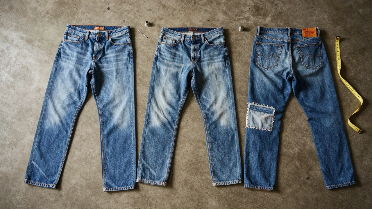Three jeans at different life stages — new, worn, and repaired — on concrete with sewing tools.