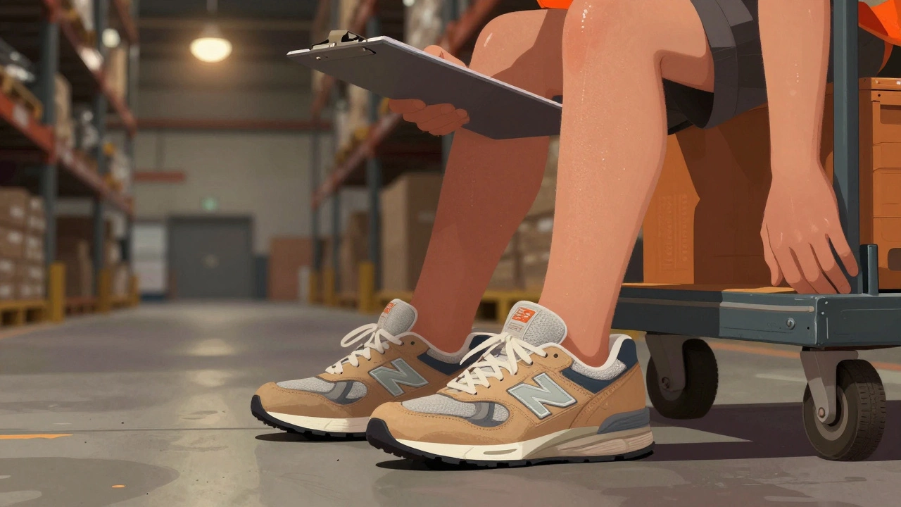 Warehouse worker standing on concrete floor wearing wide-toe New Balance 990v6 shoes.