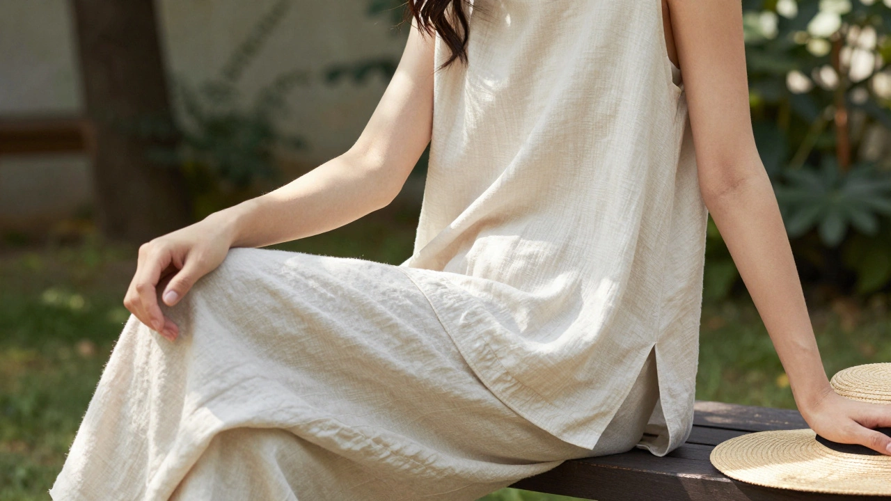 Woman in a TENCEL™ tunic and linen pants sitting on a garden bench.