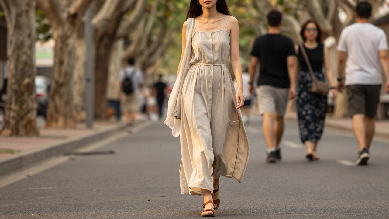 Woman walking in a flowy maxi dress with side slits on a tree-lined street.