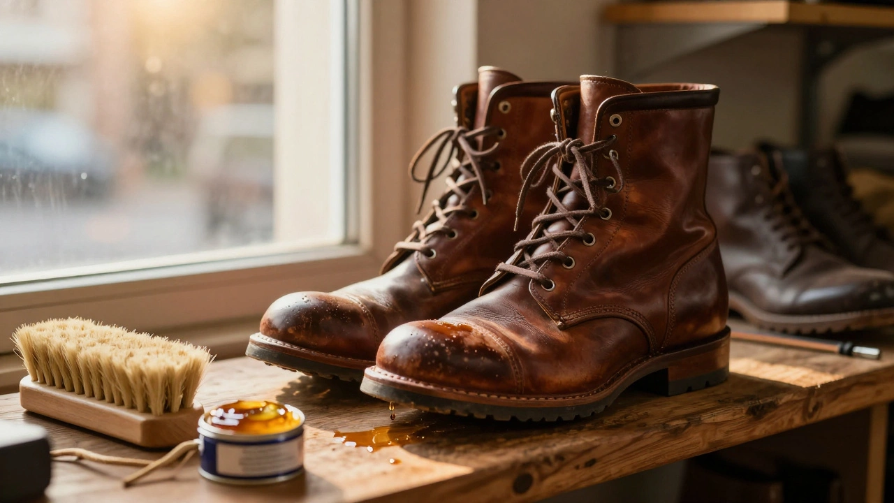 Worn leather boots on a shelf with care tools, water absorbing into the surface in golden light.