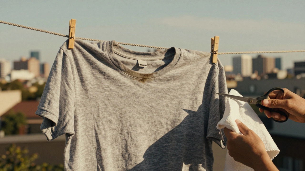 A faded grey T-shirt on a clothesline, about to be cut into a cleaning rag.