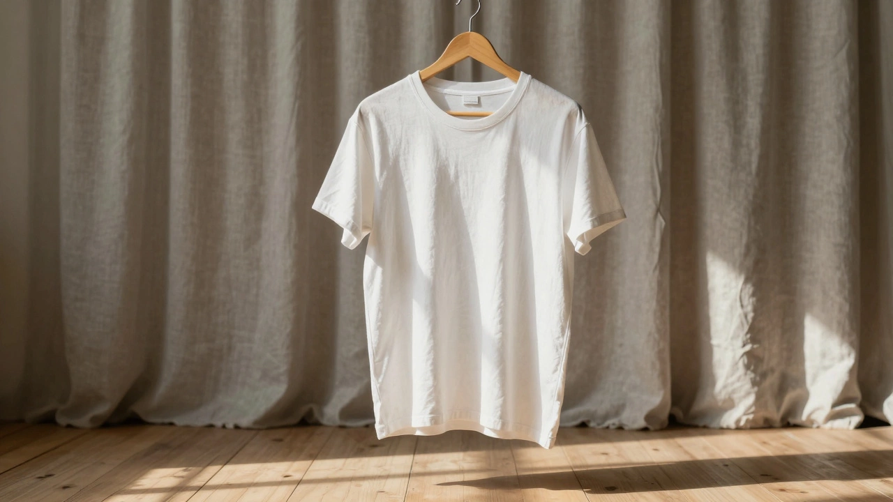 A faded white t-shirt hanging alone on a wooden hanger, softly lit, symbolizing timeless, intentional style.