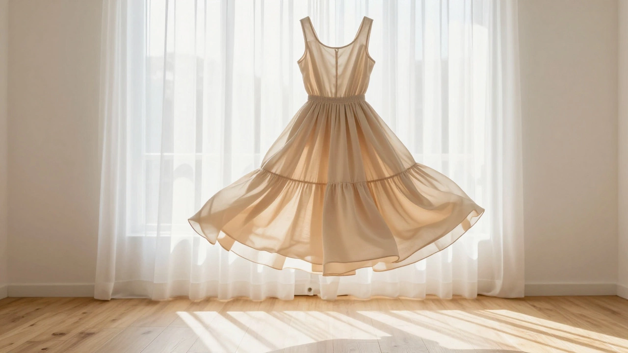 A fit-and-flare summer dress suspended mid-air in sunlight.