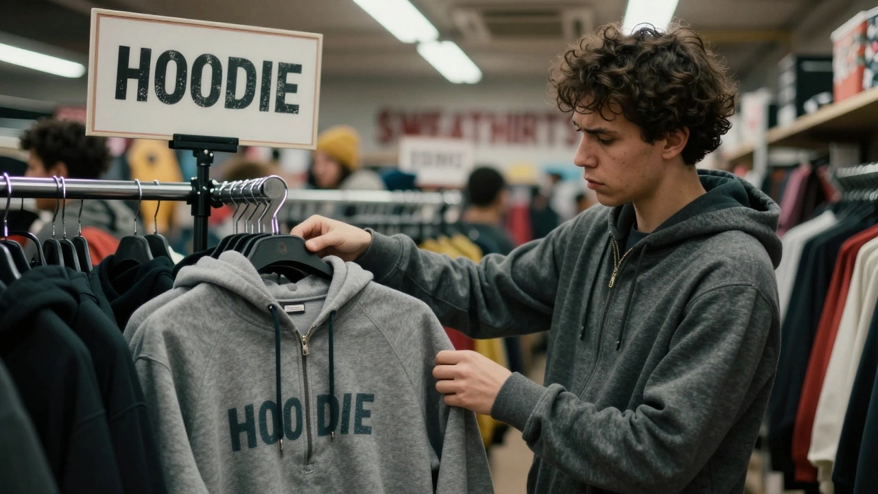 A shopper confused by a hoodless garment labeled 'HOODIE' in a clothing store.