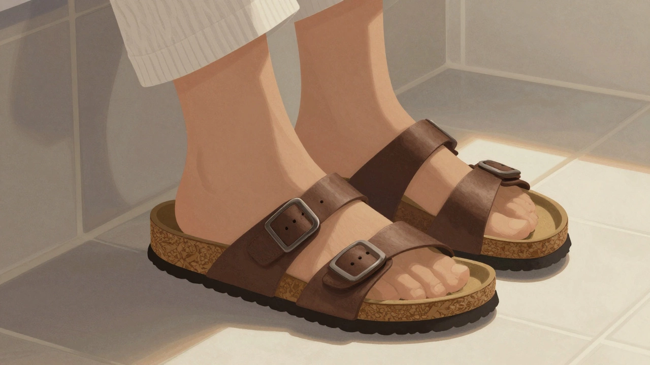 Birkenstock slippers resting on a tiled floor, highlighting their supportive footbed design.