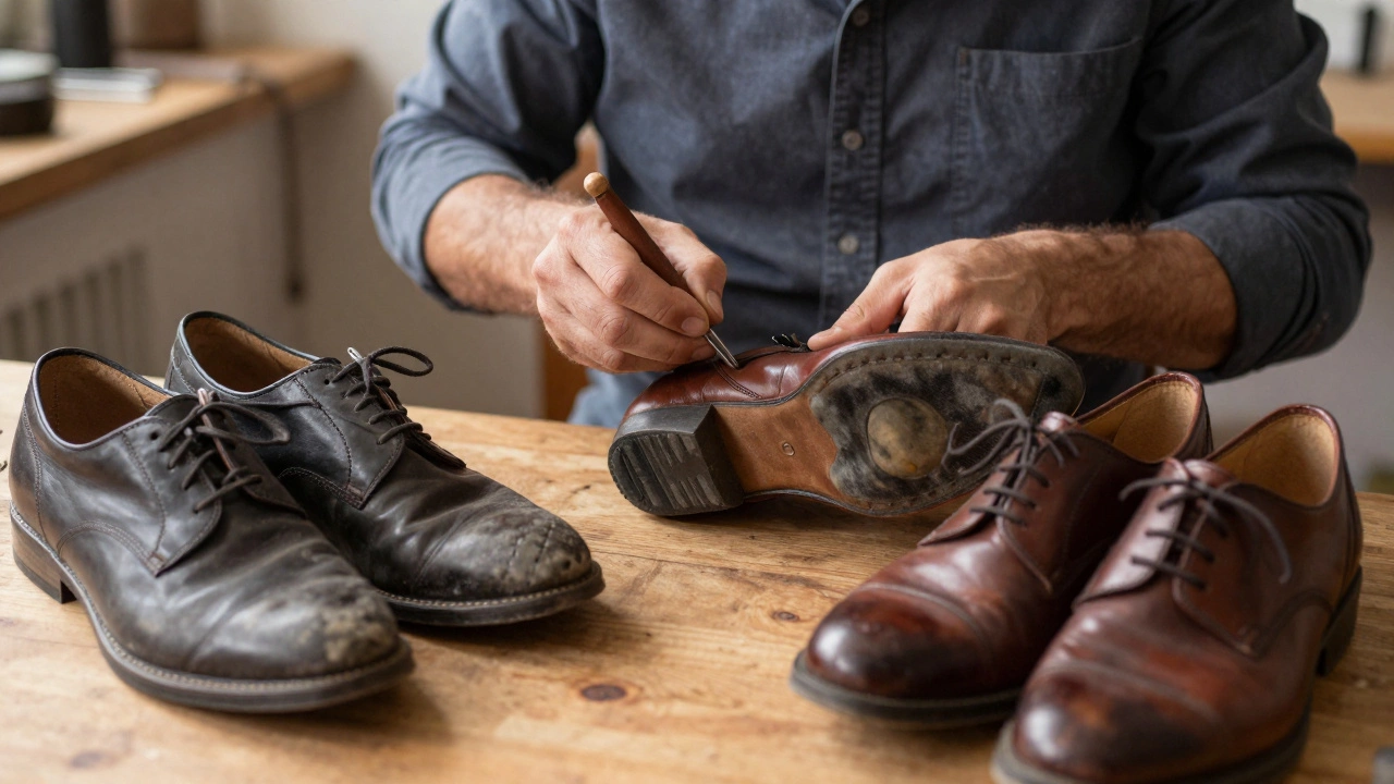Cobbler repairing a leather shoe at a wooden workbench with worn shoes nearby.