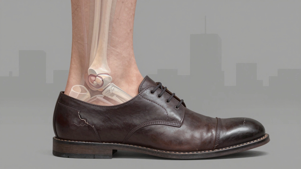 Human foot inside cracked shoe showing biomechanical posture misalignment.