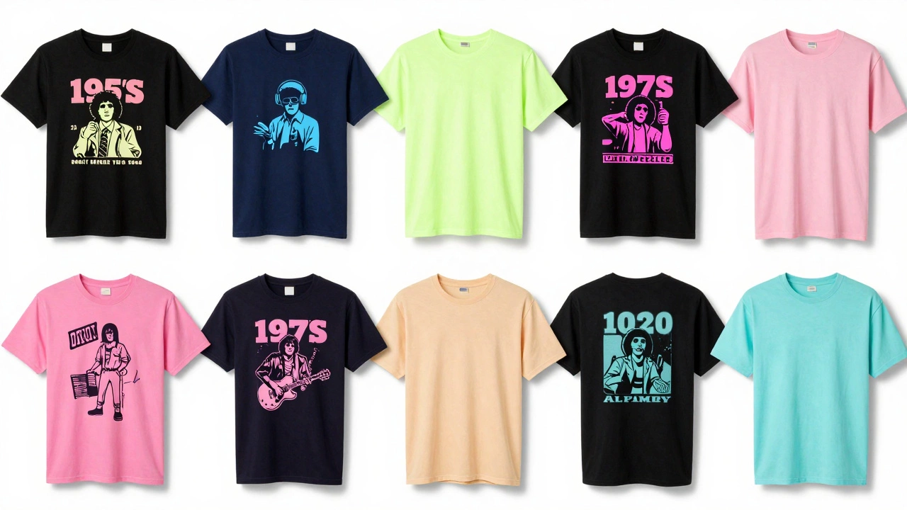 Modern T-shirts of various styles all forming the classic T-shape when laid flat.