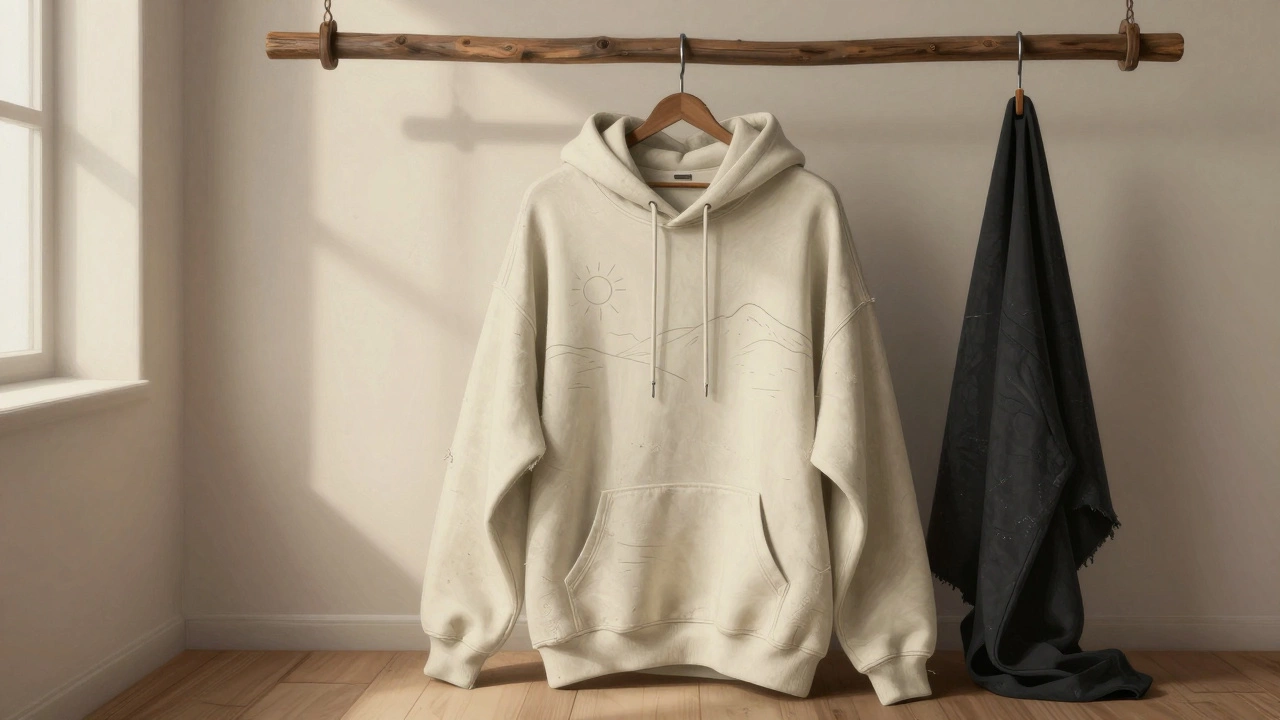 Oversized hoodie hanging on a wooden rack with subtle sun and mountain design.