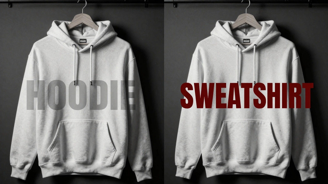 Split image comparing a hoodie and a sweatshirt side by side, with text distinguishing them.