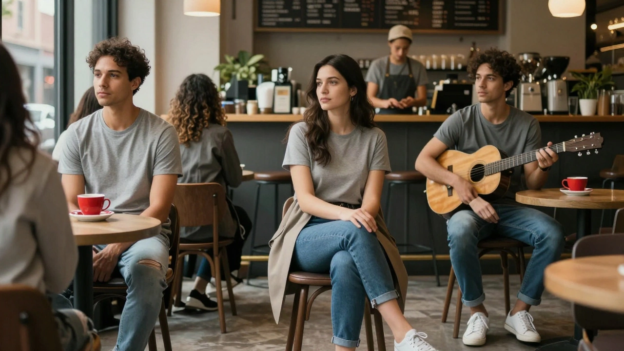 Three people in grey T-shirts sitting together in a quiet urban café.