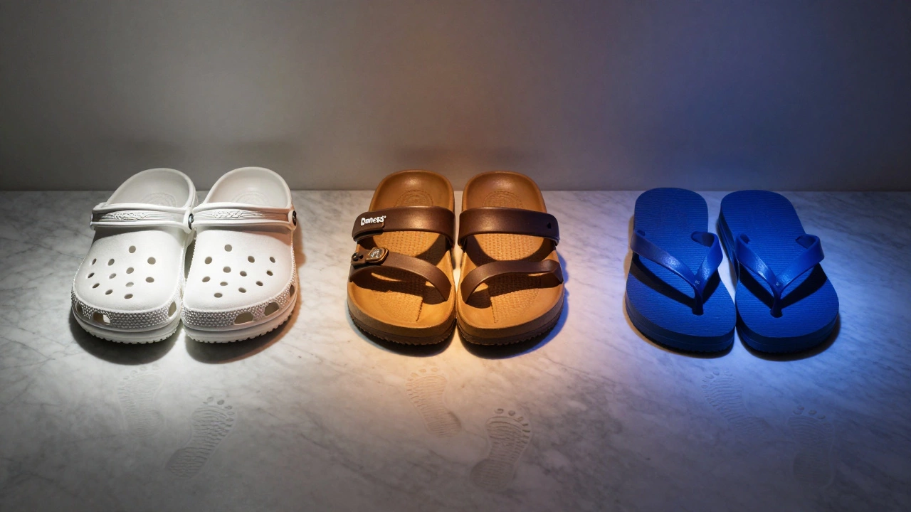 Three popular slipper brands displayed like trophies, each lit to represent its key feature.
