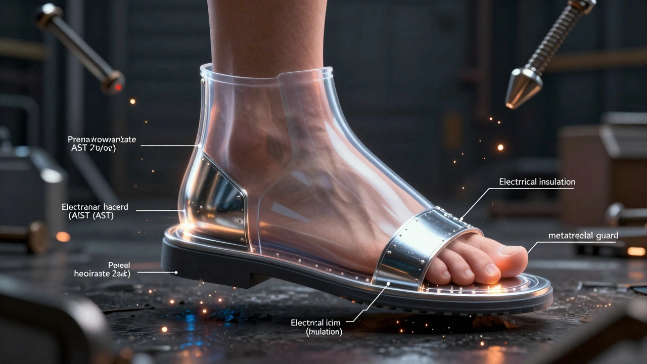 Transparent foot illustration showing layered safety features like toe cap and puncture plate.