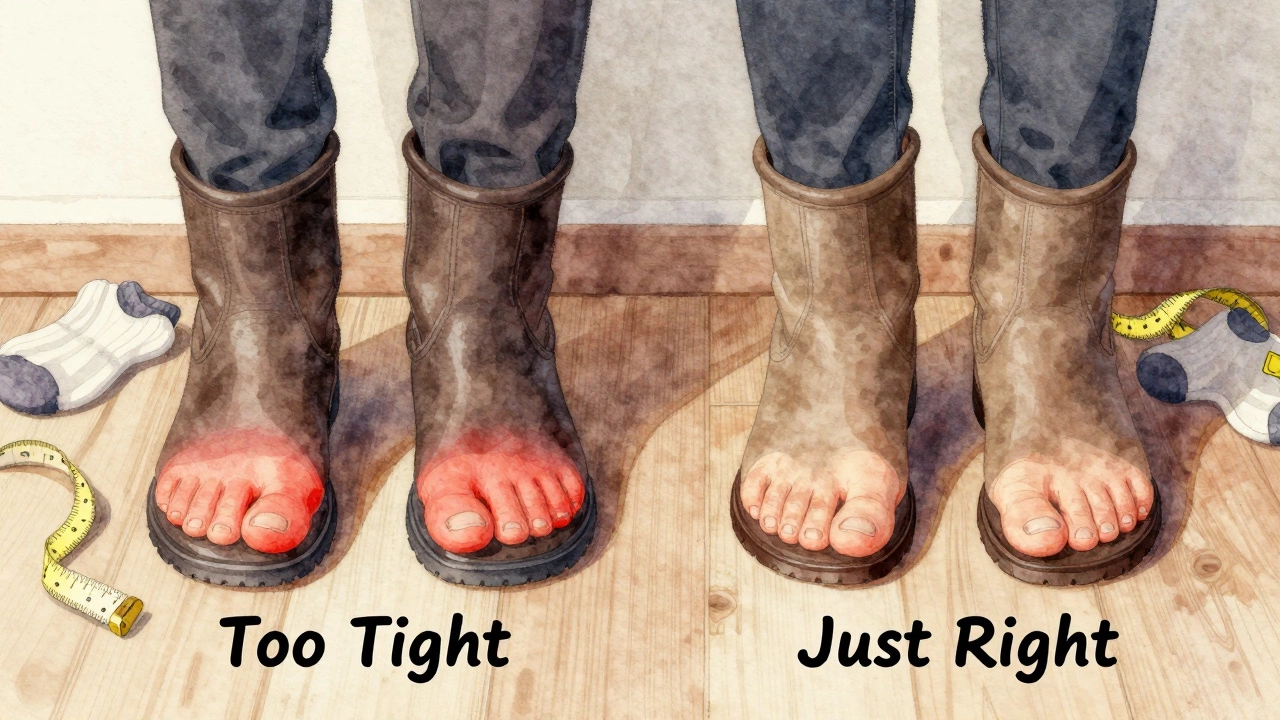 Two boots side by side illustrating tight vs. proper fit with foot pressure marks.