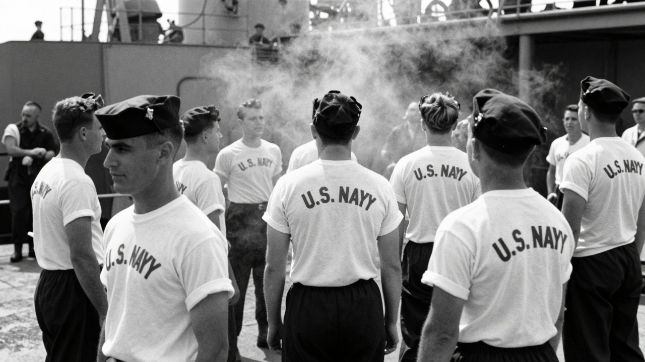 U.S. Navy sailors in the 1940s wearing T-shirts under uniforms.