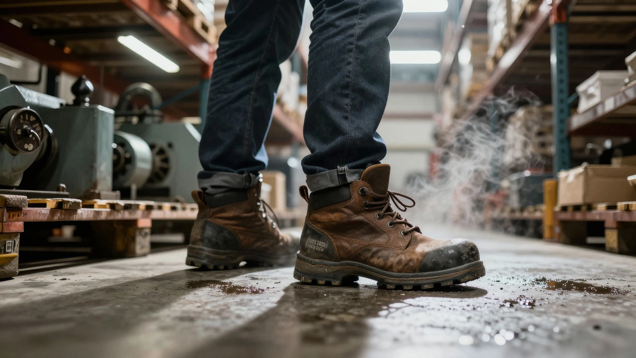 Warehouse worker stepping on oily floor with slip-resistant safety boots.