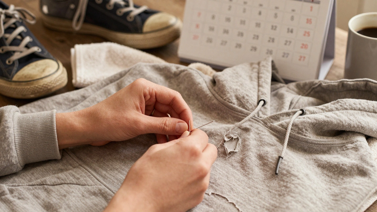 A hand repairing a small hole in a hoodie with needle and thread, surrounded by everyday life items.